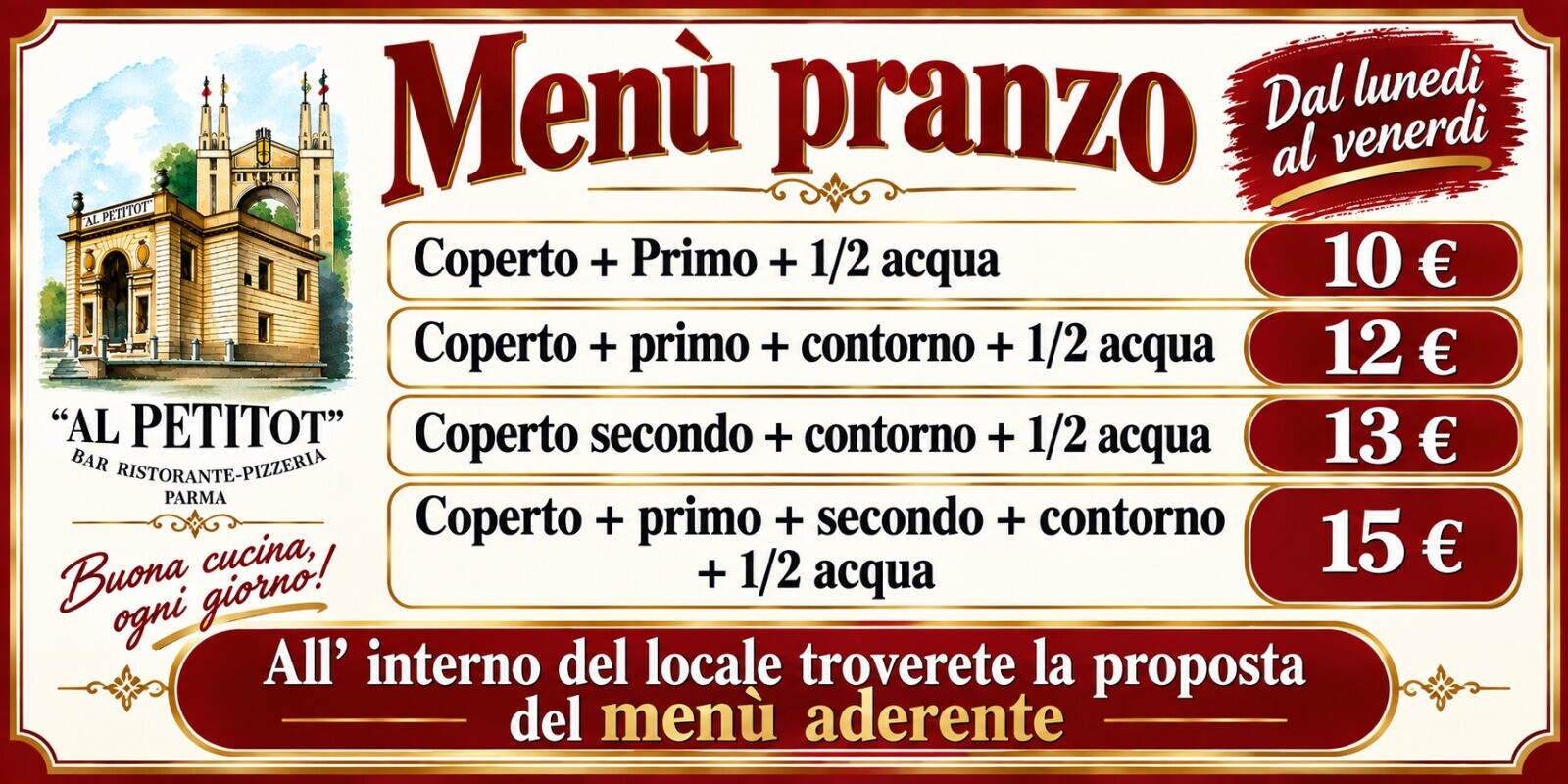 Menù pranzo  al  Petitot ristorante pizzeria