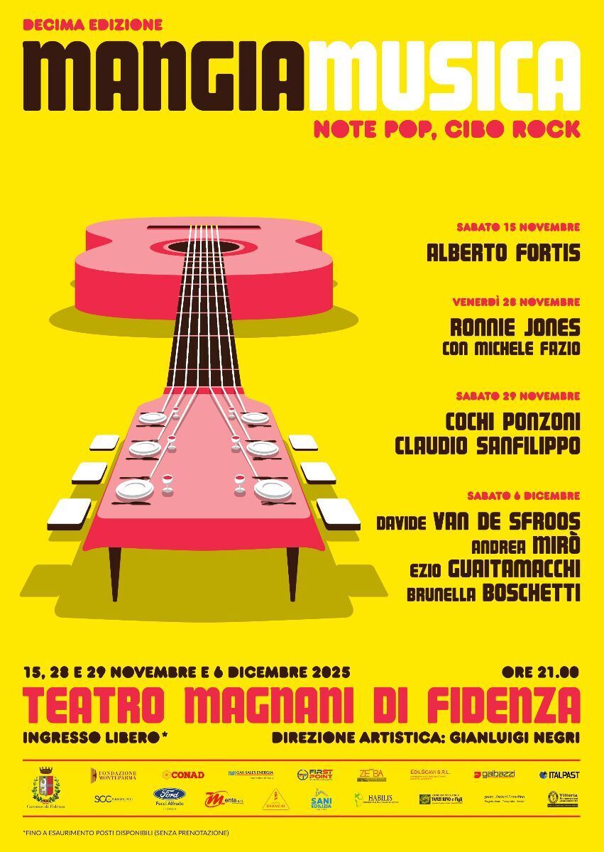 Mangiamusica a Fidenza al Teatro Magnani, tra gli ospiti Alberto Fortis, Ronnie Jones, Cochi Ponzoni e Claudio Sanfilippo e Davide Van De Sfroos