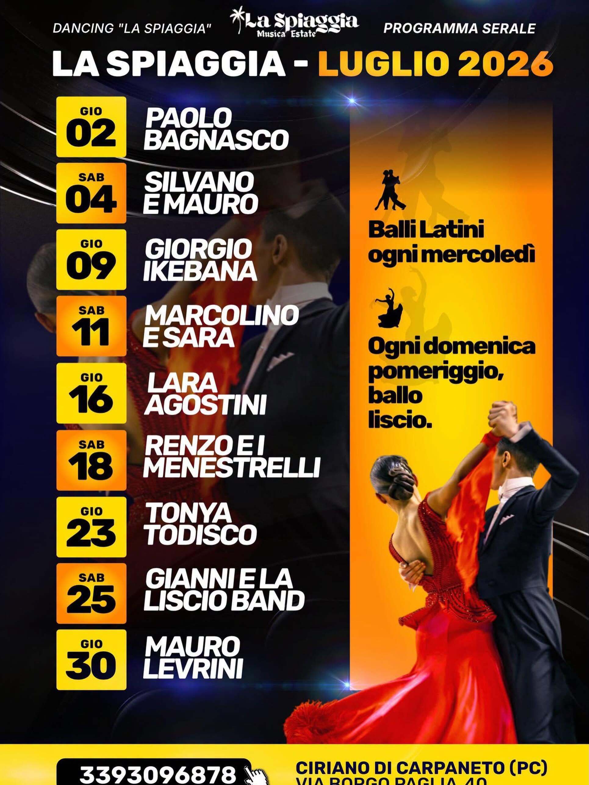 Dancing La Spiaggia, a Ciriano di Carpaneto: programma di luglio